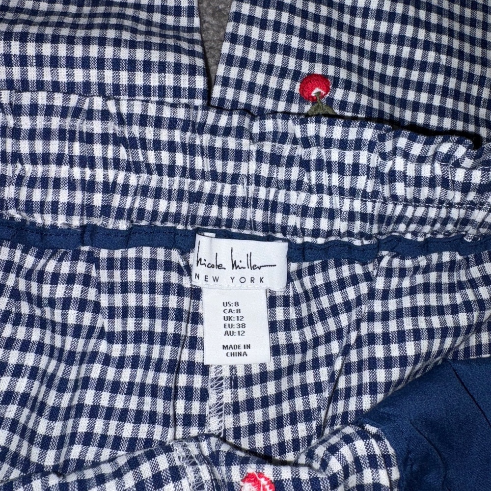 NICOLE MILLER Blue White Gingham Linen Pant Cherry Embroidered Drawstring Size 8 - Picture 2 of 9